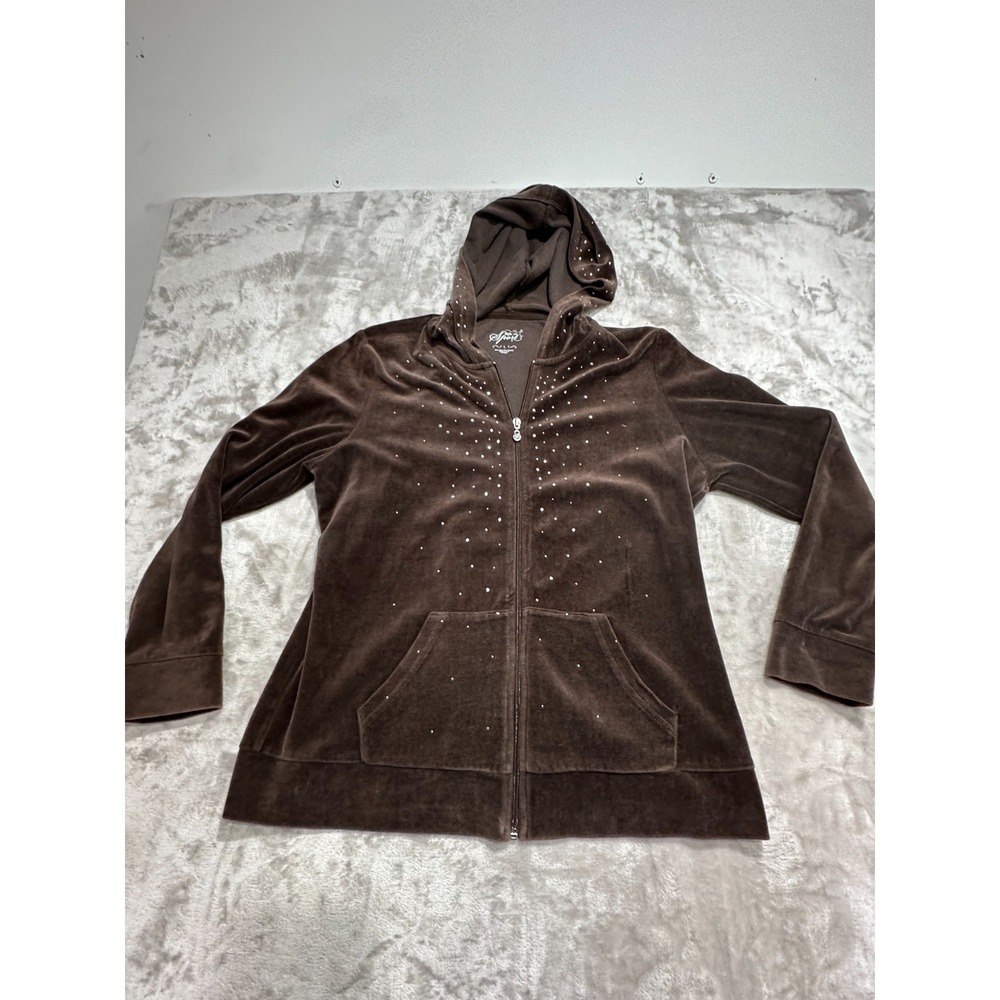 Style & Co. Sport Velour Hoodie Women's Size Large Brown Beaded Stones Full Zip‎